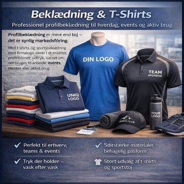 Professionel profilbekl�dning til hverdag, events og aktiv brug Profilbekl�dning er mere end t�j &ndash; det er synlig markedsf�ring. Med t-shirts og sportsbekl�dning med firmalogo sikrer I et ensartet, professionelt udtryk, uanset om det bruges til arbejde, ev