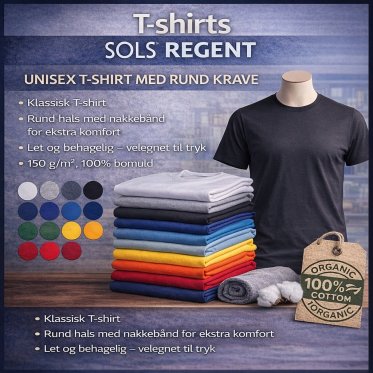 T-shirts Sols Regent UNISEX T-SHIRT MED RUND KRAVE &bull; Klassisk T-shirt &bull; Rund hals med nakkeb�nd for ekstra komfort &bull; Let og behagelig &ndash; velegnet til tryk &bull; 150 g/m�, 100% bomuld