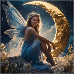 En smuk fe sidder med med en mne i baggrunden.