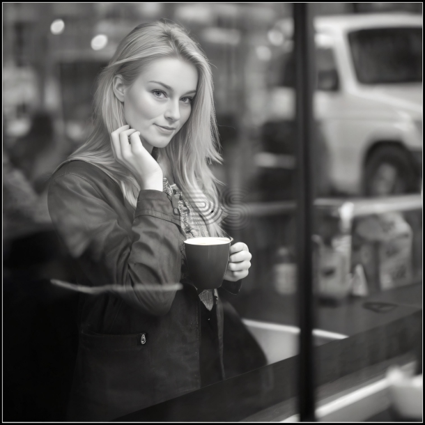 Kvinde men et forfrende smil, kigger ud af vinduet fra en lokal coffee shop